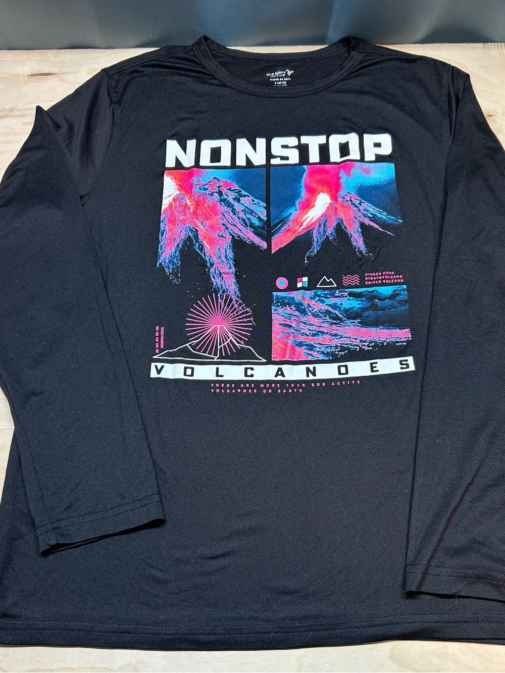Old Navy Black Long Sleeve 'NONSTOP Volcanoes' Graphic Tee